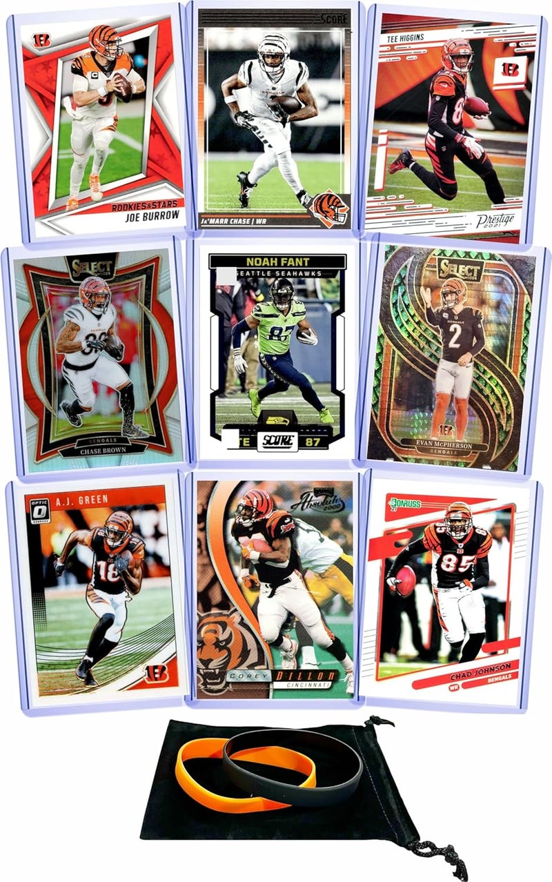 Chaser Cincinnati Bengals Cards: Joe Burrow, Ja'Marr Chase, Noah Fant, Tee Higgins, Chase Brown, Evan McPherson, Corey Dillon, A.J. Green, Chad Johnson ASSORTED Football Stars & GOATs Trading Card & Wristbands Gift Pack - Image 1